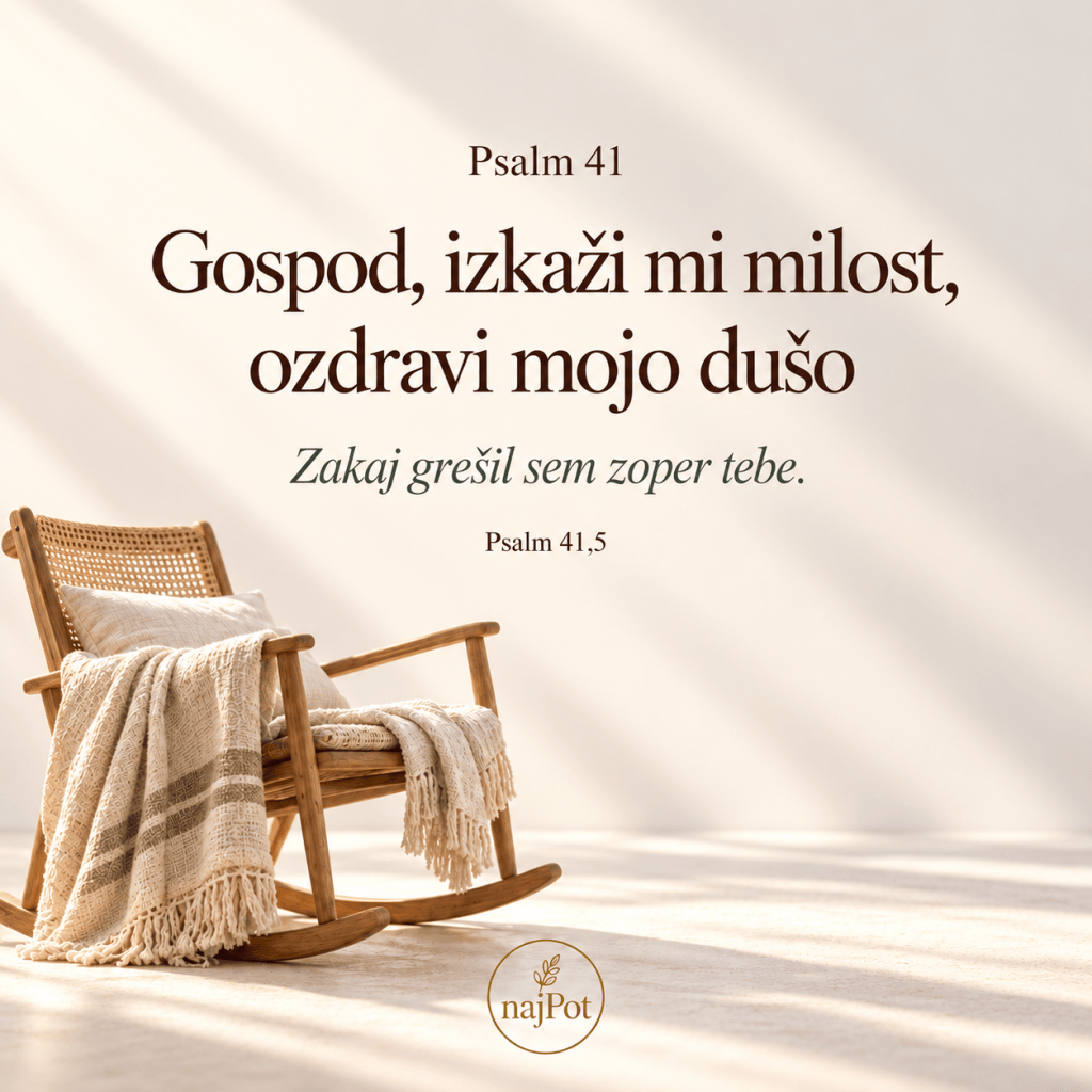 Motivacijski citat iz psalma 41 na dovolj svetlem ozadju s slikami udobnega stola in odeje.